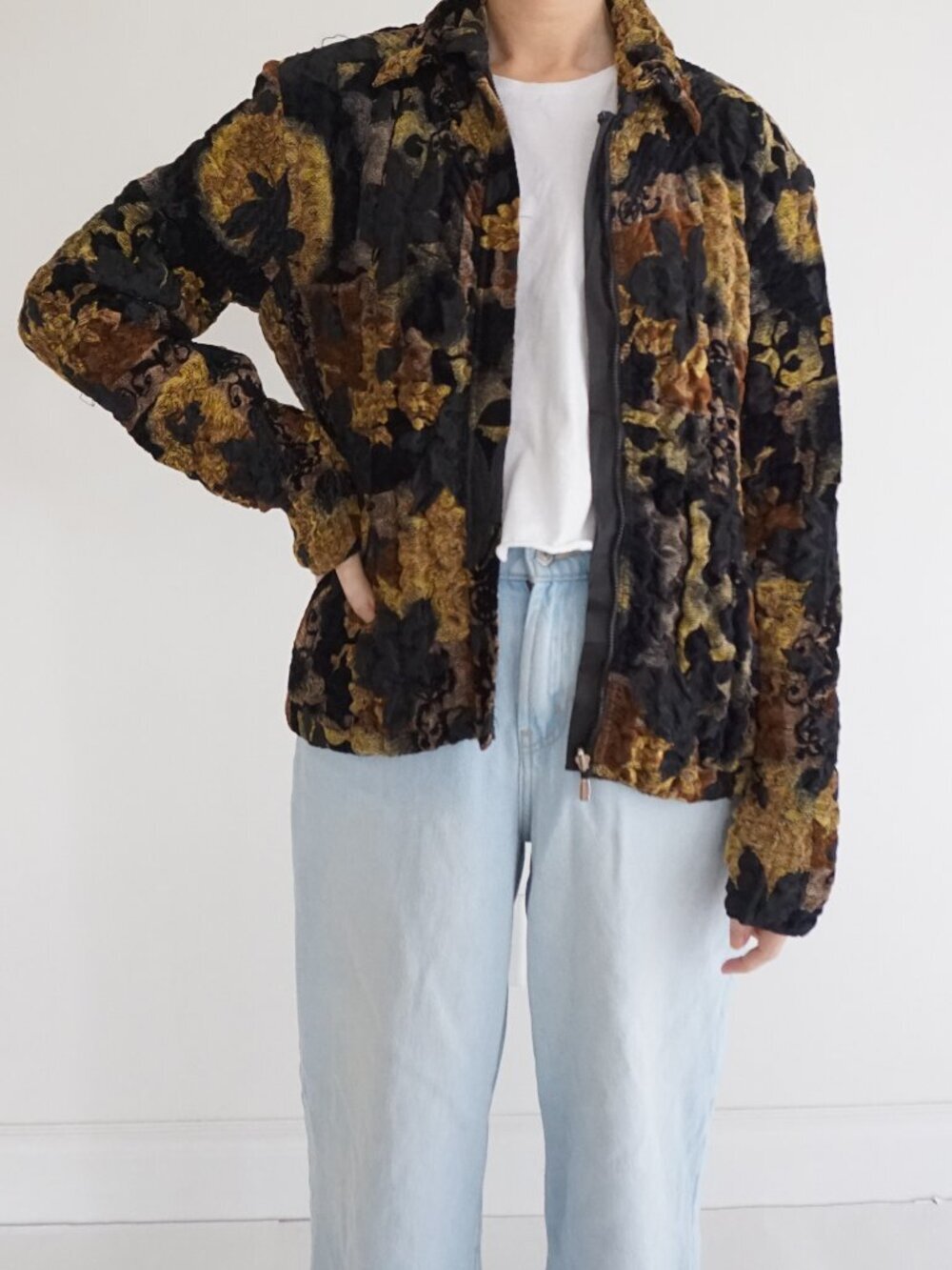Vintage Black Floral Crinkle Textured Velvet Burnout Zip Reversible Jacket M